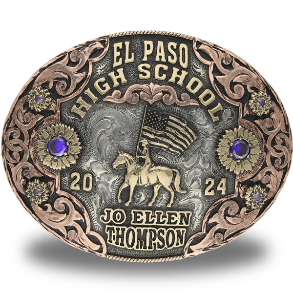 A custom women's belt buckle for El Paso High School with personalized name featuring a goldenb bronze cowgirl with US flag figure